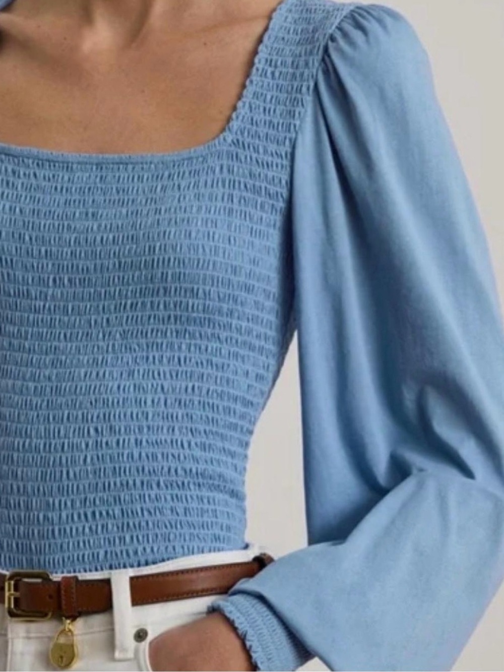 Lauren Ralph Lauren Smocked Jersey Blouson-Sleeve Top Sky Blue L NWT MSRP US$125